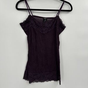Vanity Y2K Lace Trim Crinkle Cami Tank Top Size M Purple Whimsigoth Fairy Grunge